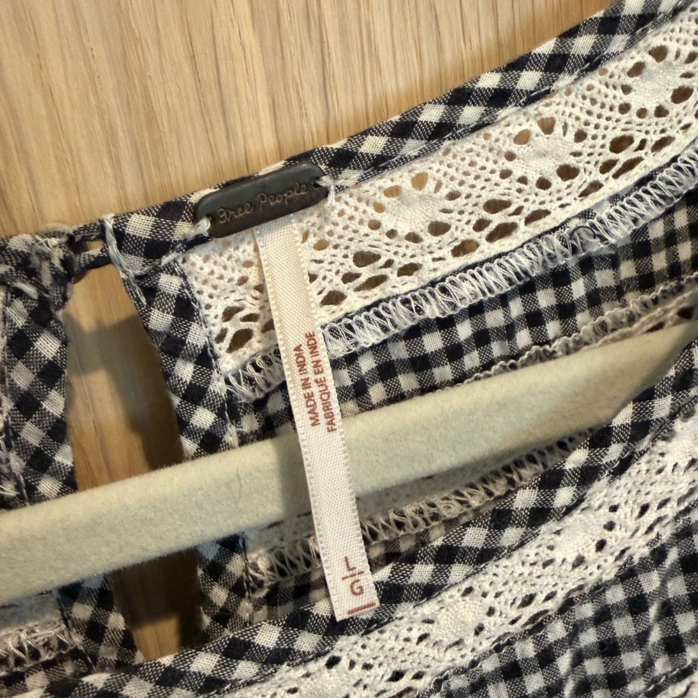 Free People Gingham Embroidered Mini Dress | Crochet Trim | Boho (Black) - Picture 5 of 6